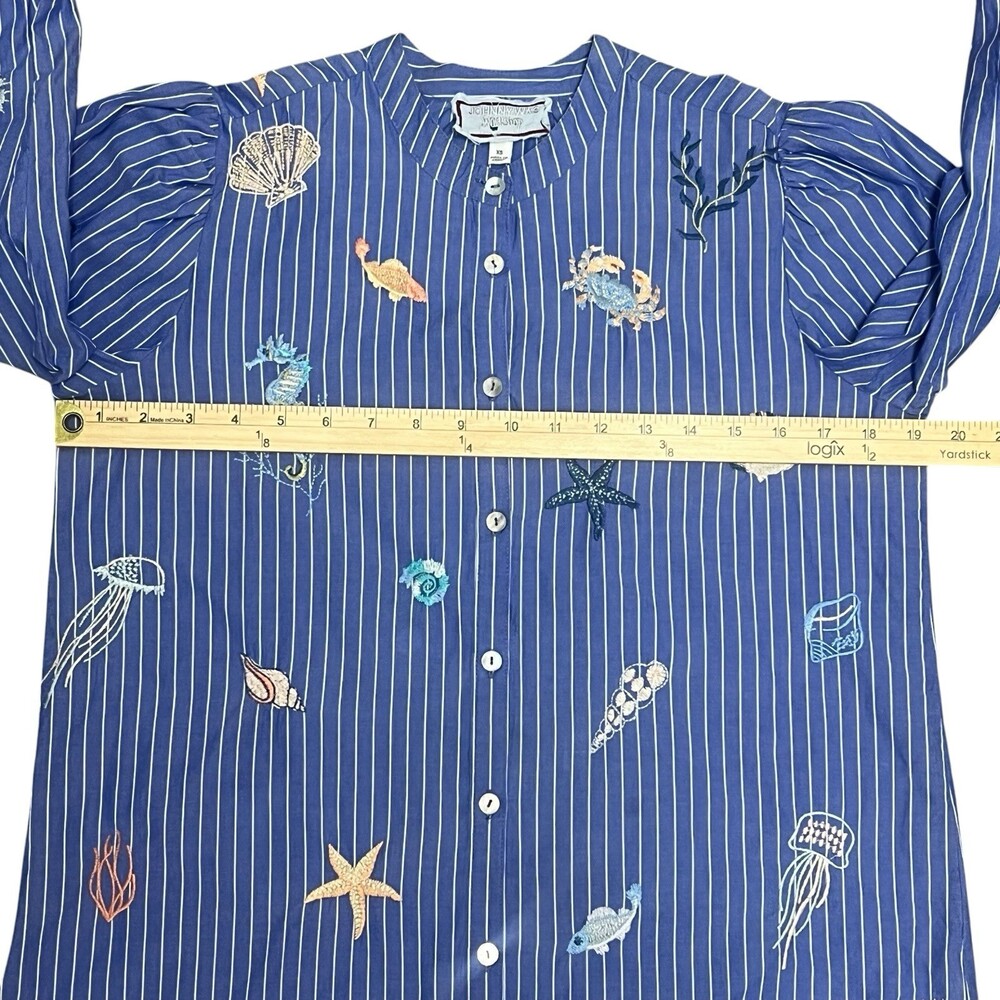 Johnny Was Workshop Striped Blue Embroidered Seashells Ocean Shirt XS Blouse - Picture 14 of 14